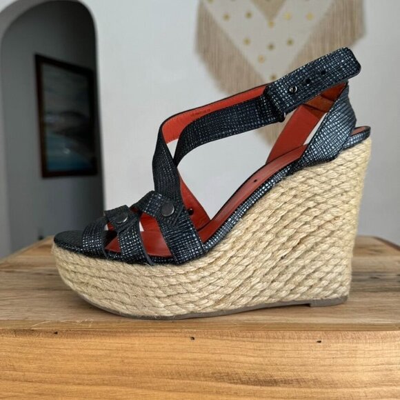 Y2K Via Spiga Karla Gray Textured Leather Strap Platform Espadrille Wedge Sandal - Picture 11 of 17